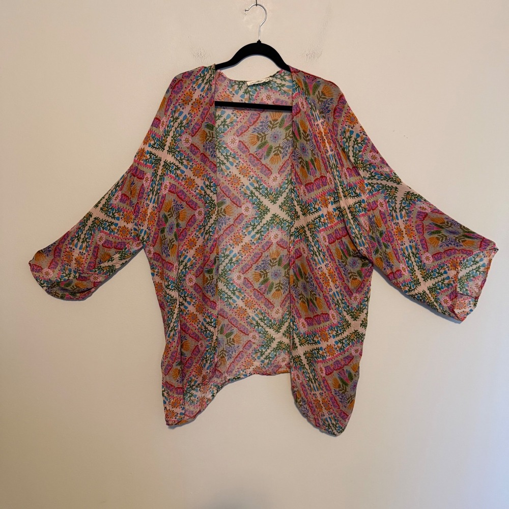 Natural Life Sierra Kimono S patchwork diamond floral boho beach vacation